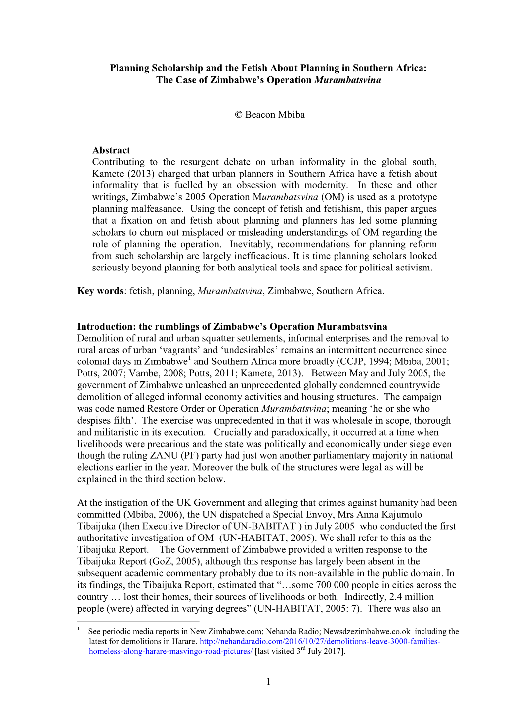 Planning Scholarship and the Fetish About Planning in Southern Africa: the Case of Zimbabwe’S Operation Murambatsvina