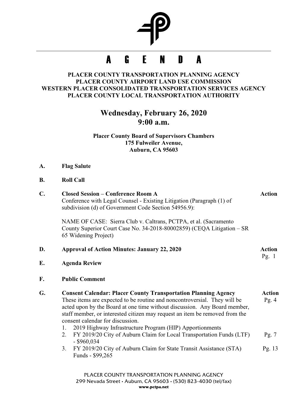 Placer County Transportation Planning Agency (PCTPA) Meetings