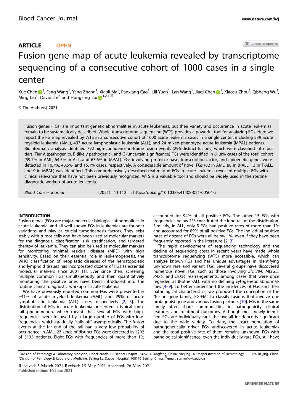 Fusion Gene Map of Acute Leukemia Revealed by Transcriptome Sequencing of a Consecutive Cohort of 1000 Cases in a Single Center