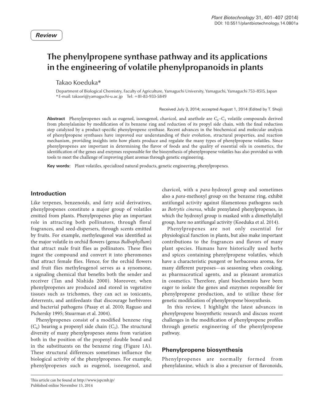 The Phenylpropene Synthase Pathway and Its Applications in the Engineering of Volatile Phenylpropanoids in Plants