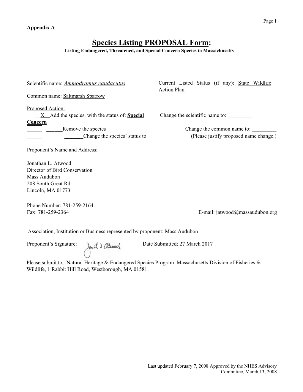 Species Listing PROPOSAL Form: Listing Endangered, Threatened, and Special Concern Species in Massachusetts