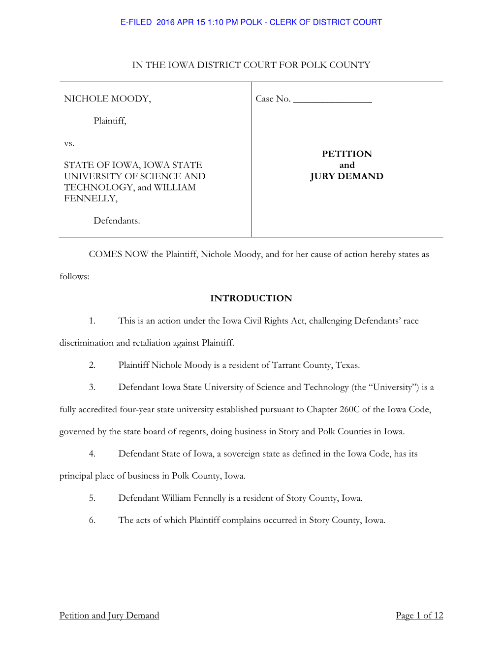 Petition and Jury Demand Page 1 of 12 in the IOWA DISTRICT COURT