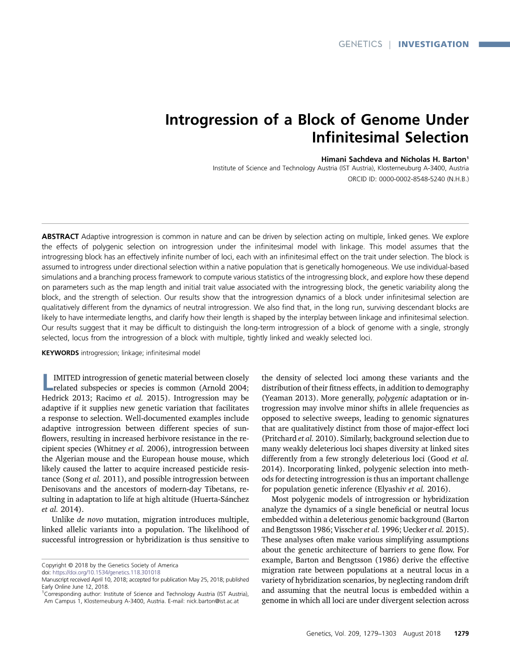 Introgression of a Block of Genome Under Infinitesimal Selection