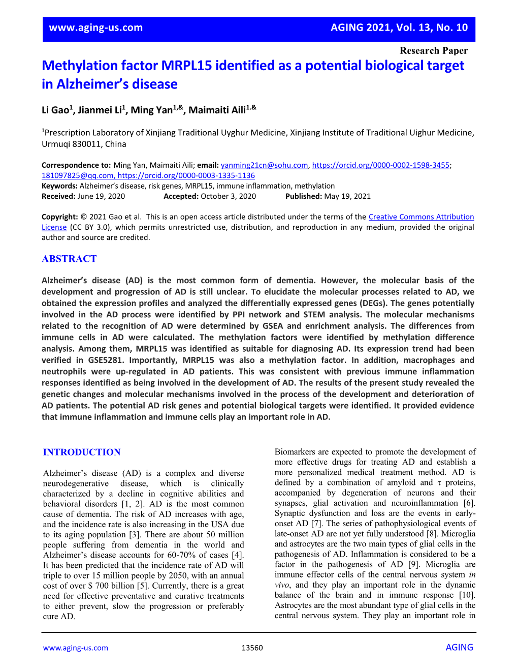 Methylation Factor MRPL15 Identified As a Potential Biological Target in Alzheimer’S Disease