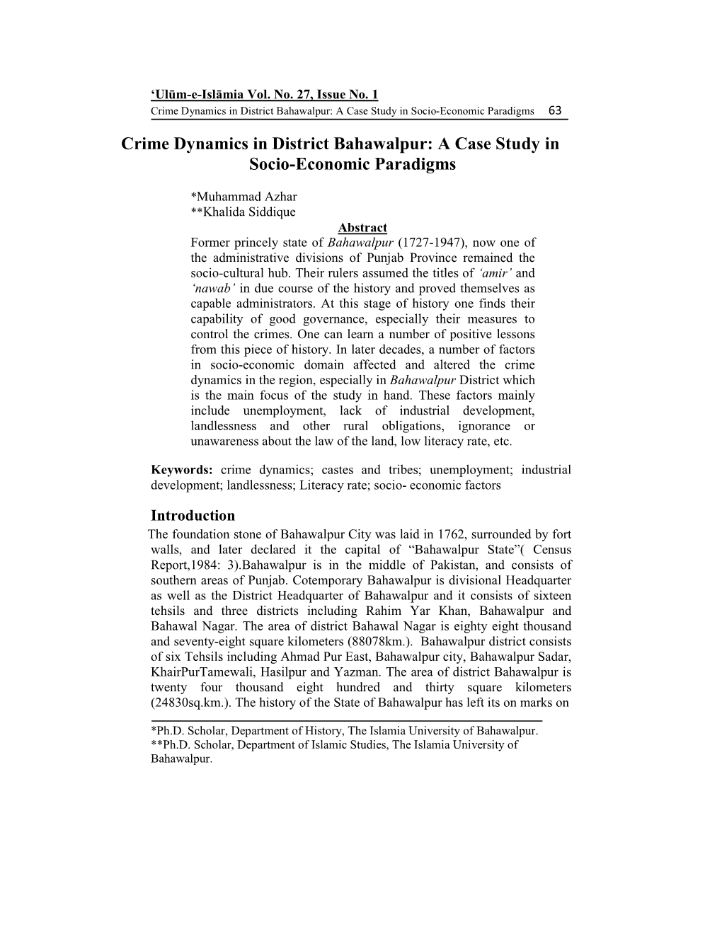 Crime Dynamics in District Bahawalpur: a Case Study in Socio-Economic Paradigms 63