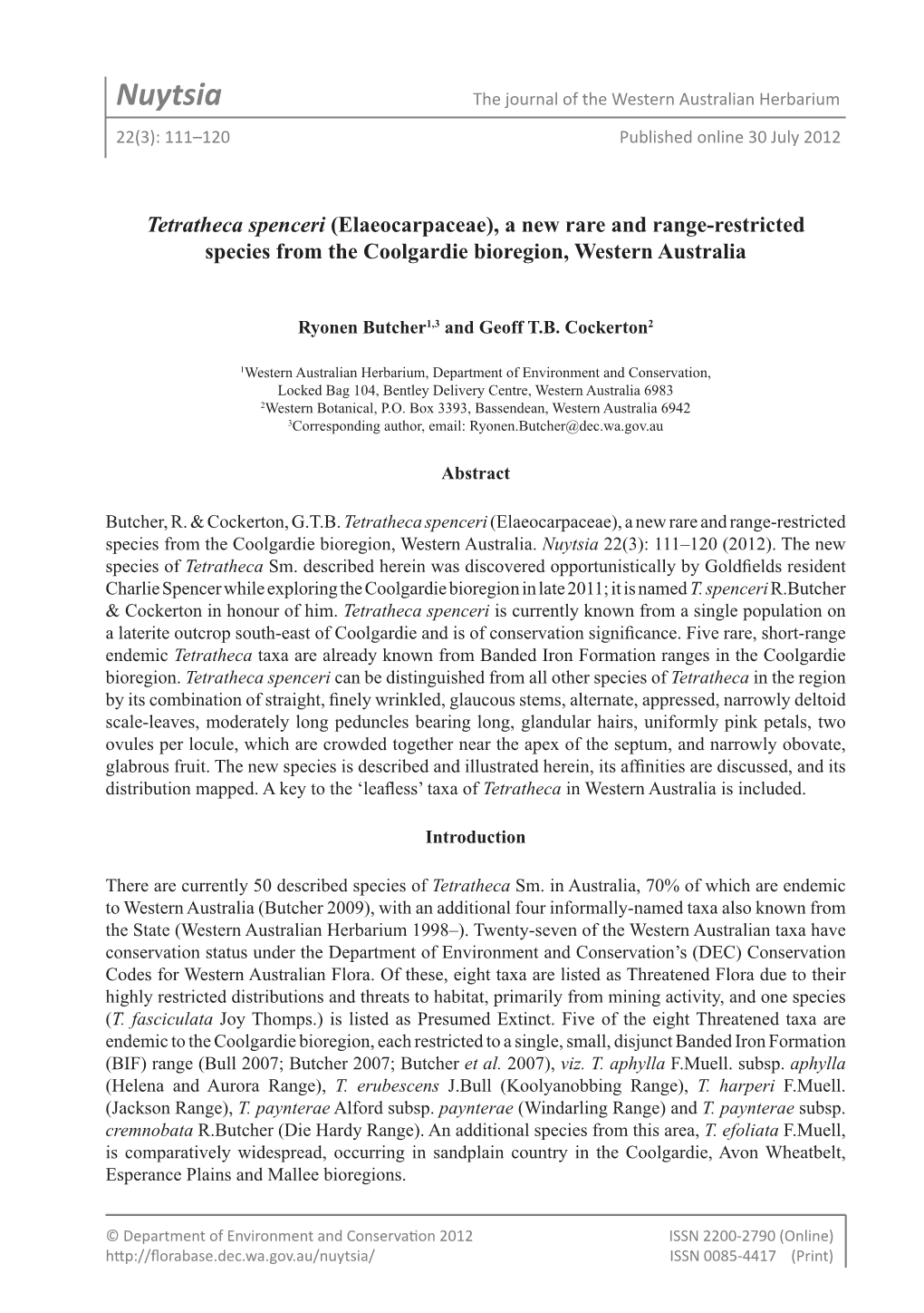 Nuytsia the Journal of the Western Australian Herbarium 22(3): 111–120 Published Online 30 July 2012