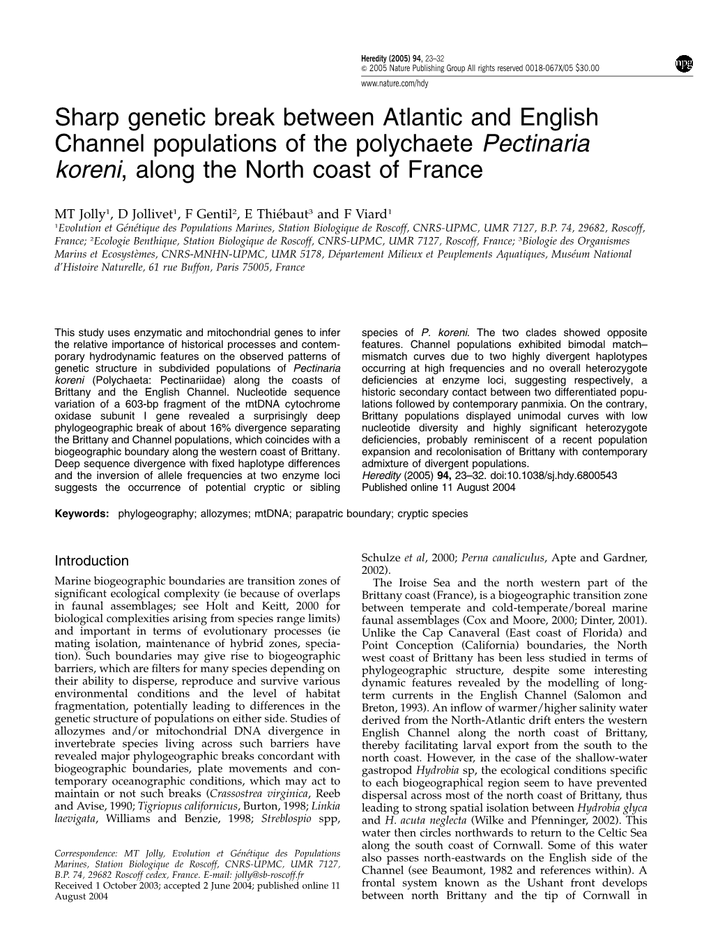 Sharp Genetic Break Between Atlantic and English Channel Populations of the Polychaete Pectinaria Koreni, Along the North Coast of France