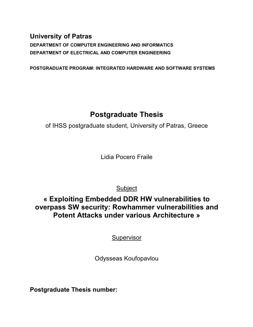 Postgraduate Thesis of IHSS Postgraduate Student, University of Patras, Greece