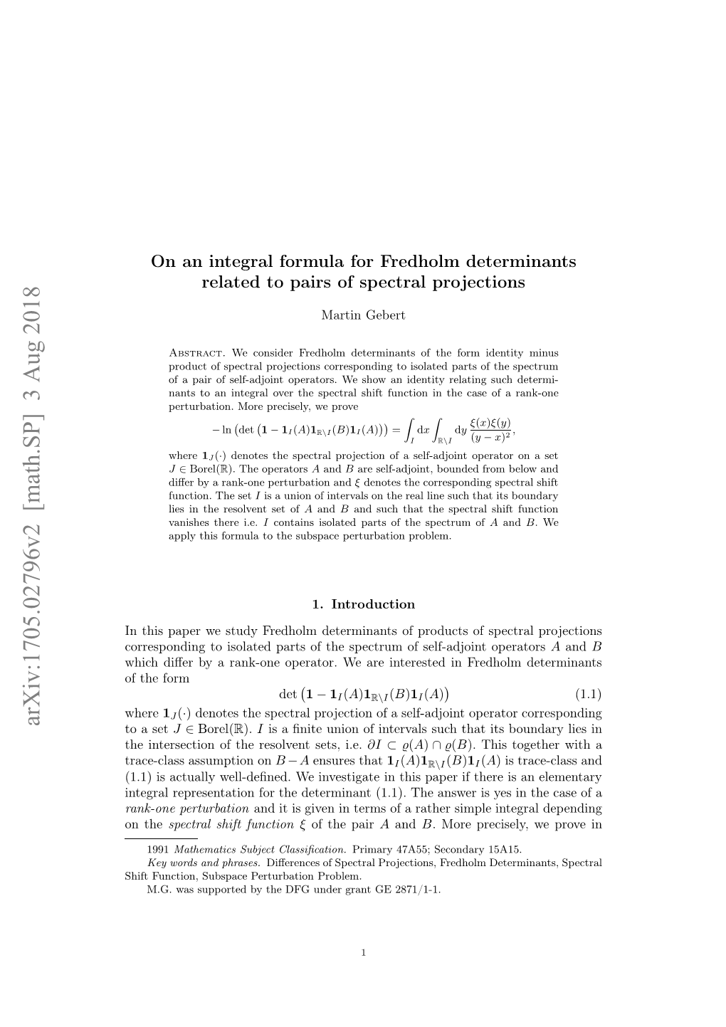 On an Integral Formula for Fredholm Determinants Related to Pairs Of