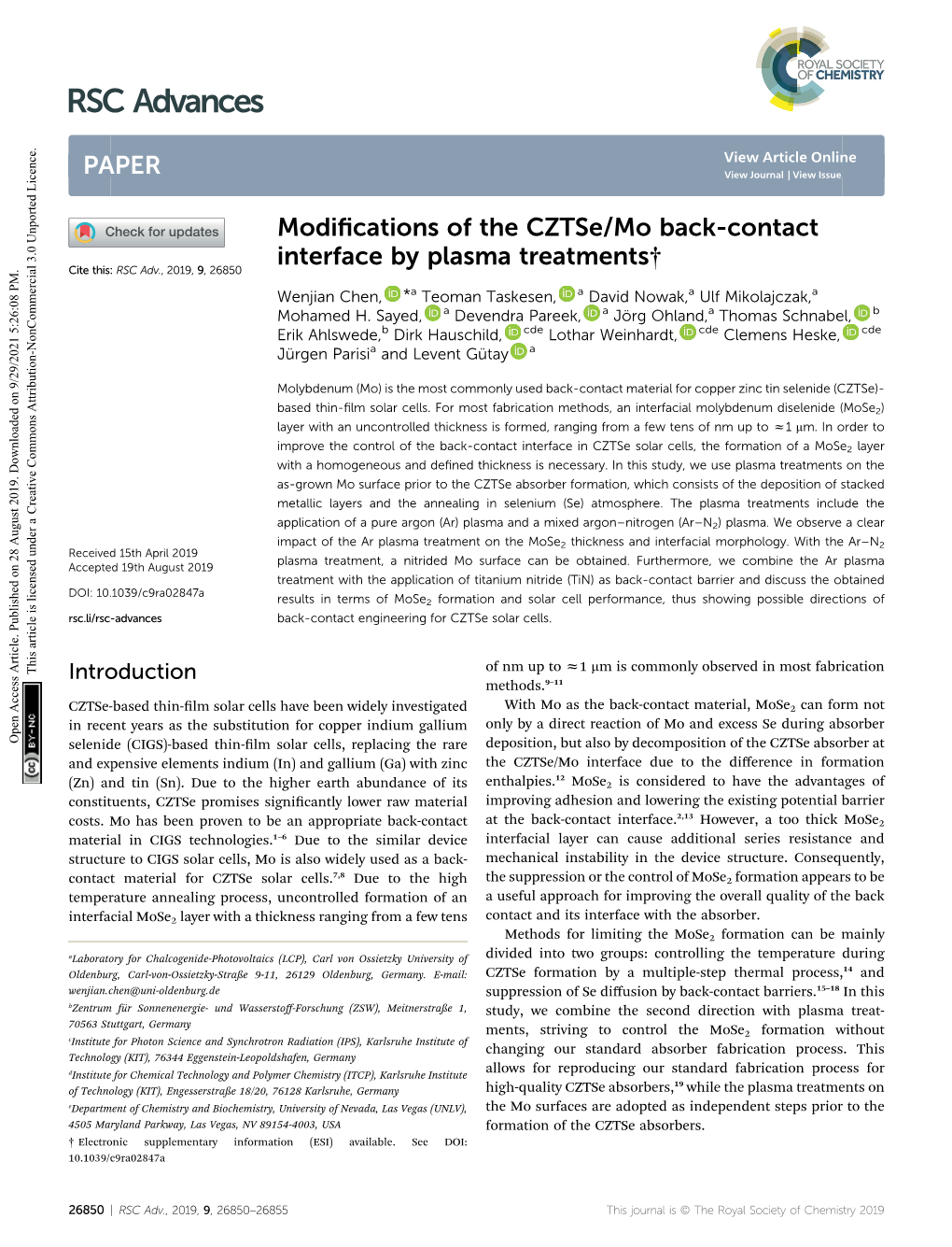 Modifications of the Cztse/Mo Back-Contact Interface by Plasma Treatments