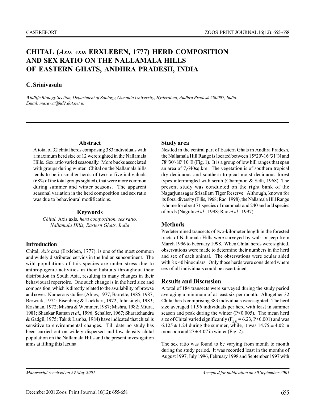 Erxleben, 1777) Herd Composition and Sex Ratio on the Nallamala Hills of Eastern Ghats, Andhra Pradesh, India