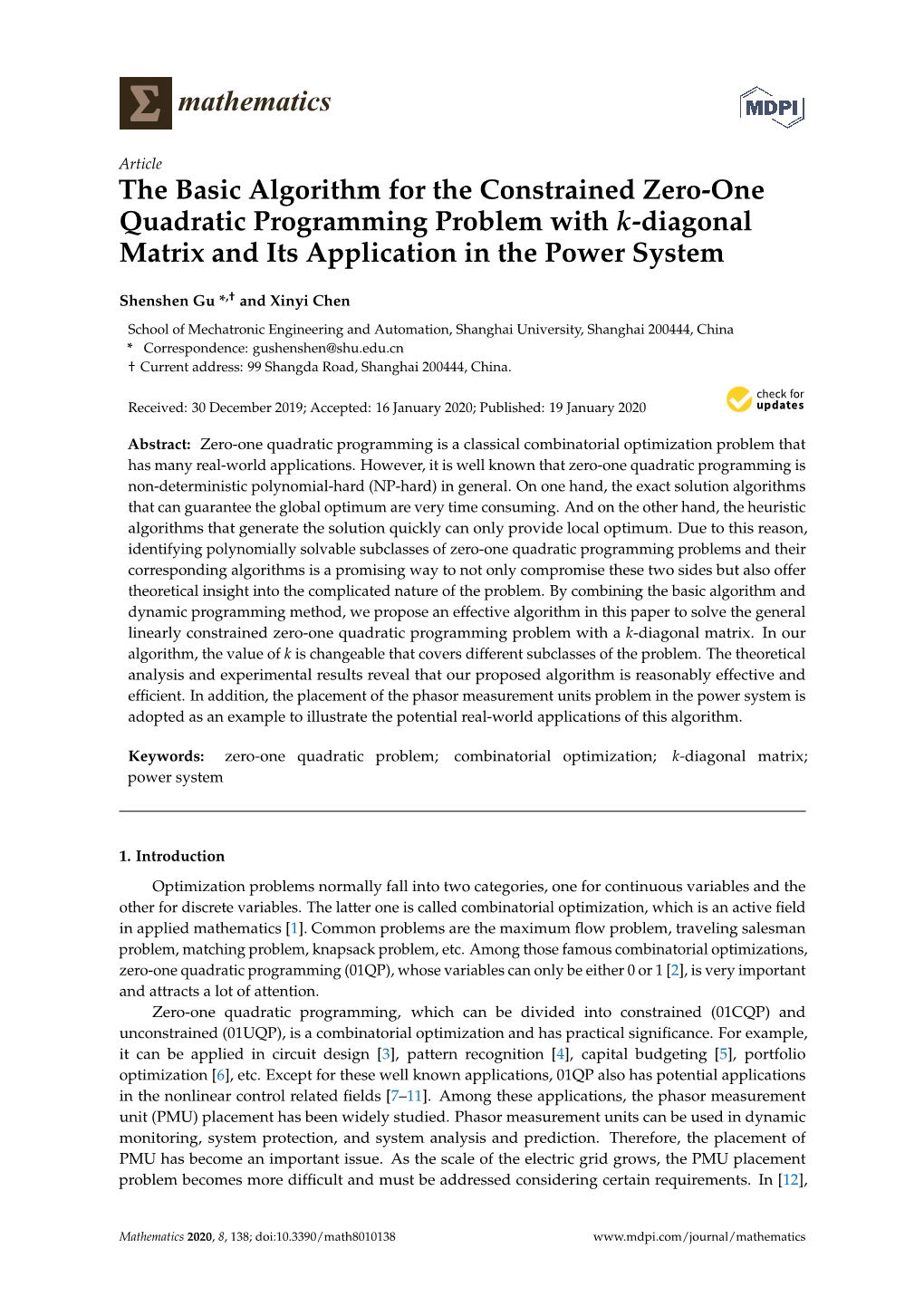 The Basic Algorithm for the Constrained Zero-One Quadratic Programming Problem with K-Diagonal Matrix and Its Application in the Power System