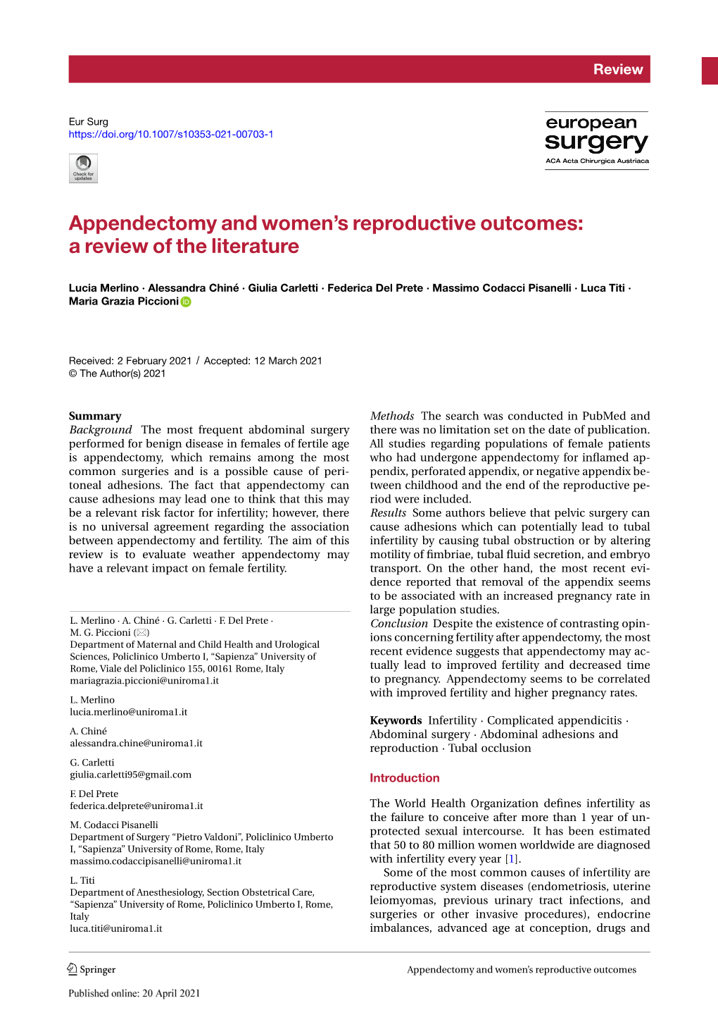 Appendectomy and Women's Reproductive Outcomes