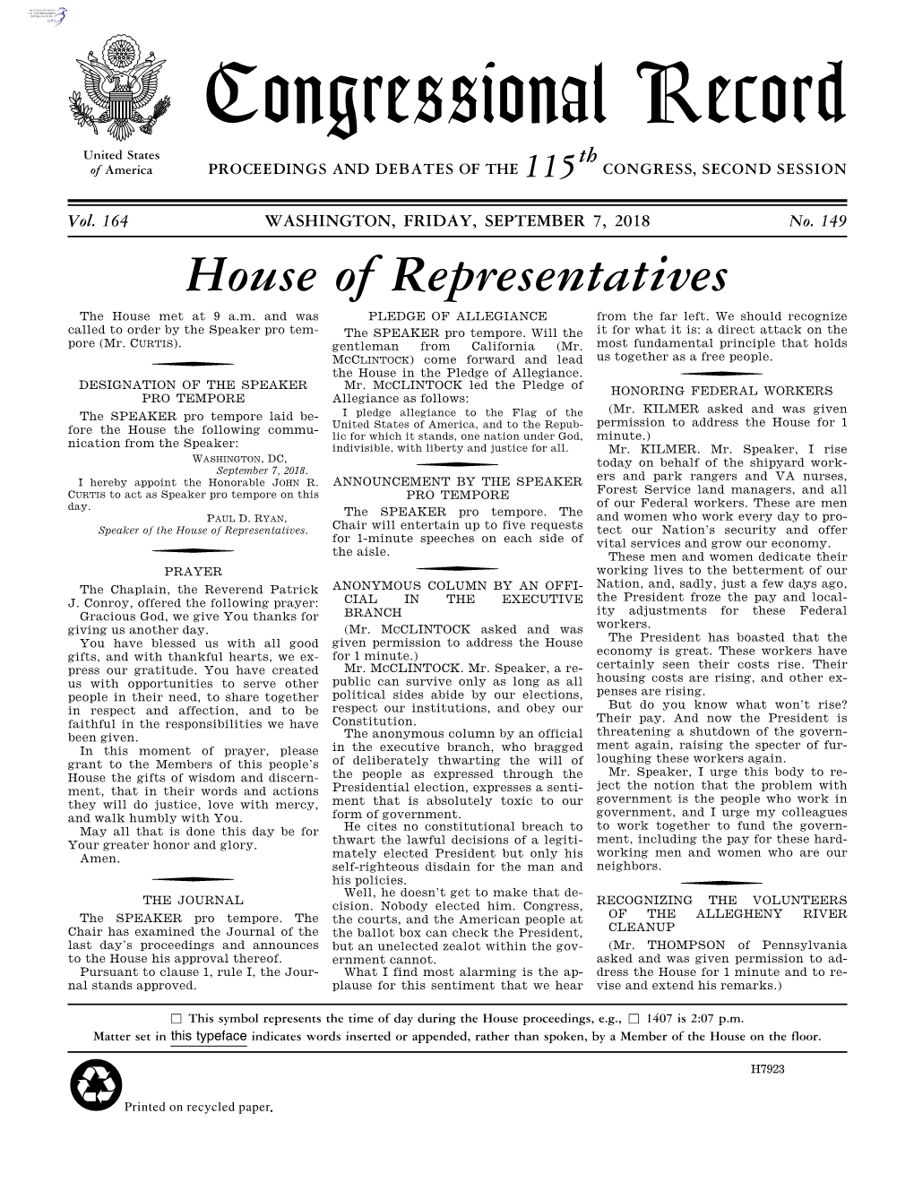 Congressional Record United States Th of America PROCEEDINGS and DEBATES of the 115 CONGRESS, SECOND SESSION