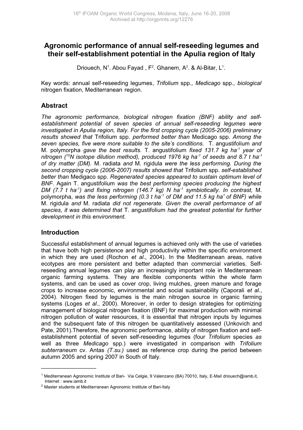 Agronomic Performance of Annual Self-Reseeding Legumes and Their Self-Establishment Potential