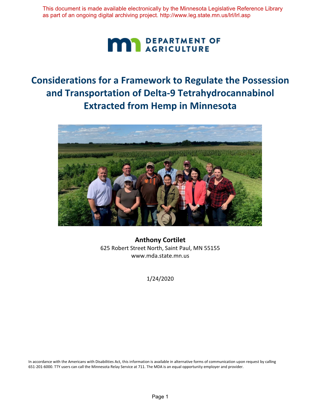 Hemp Extraction Framework Legislative Report 2020