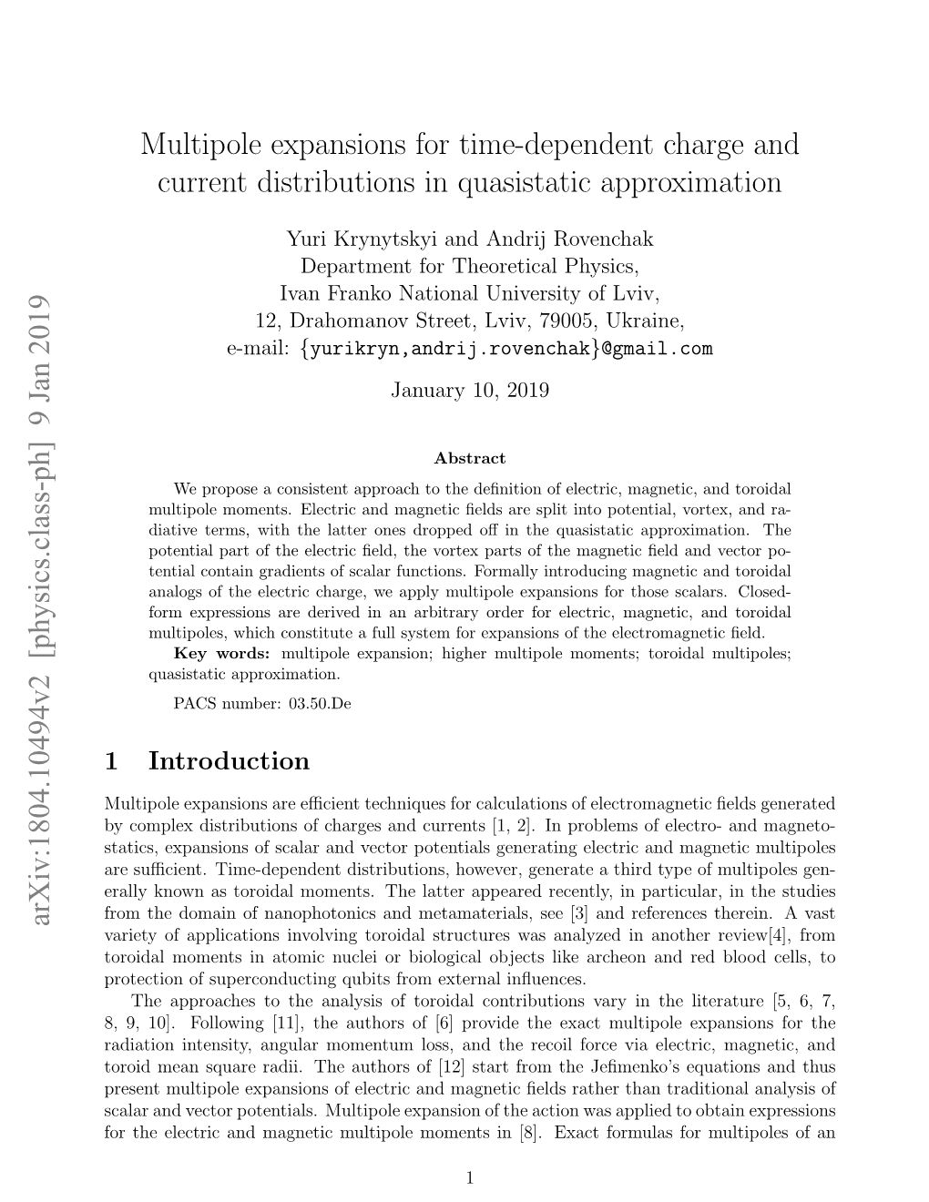 Multipole Expansions for Time-Dependent Charge and Current Distributions in Quasistatic Approximation