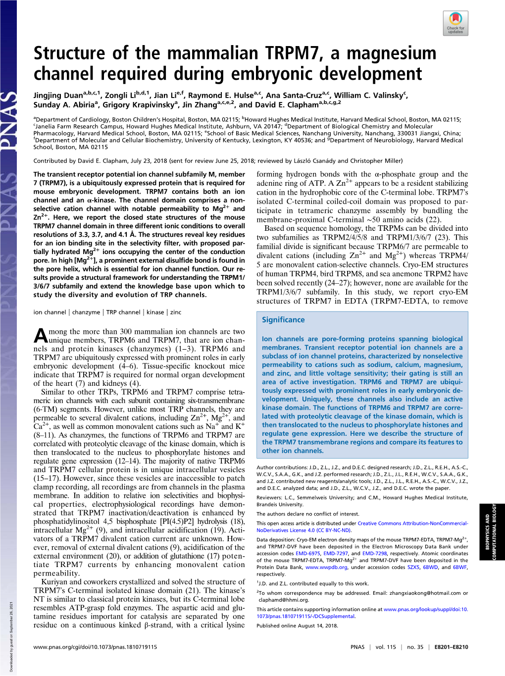 Structure of the Mammalian TRPM7, a Magnesium Channel Required During Embryonic Development