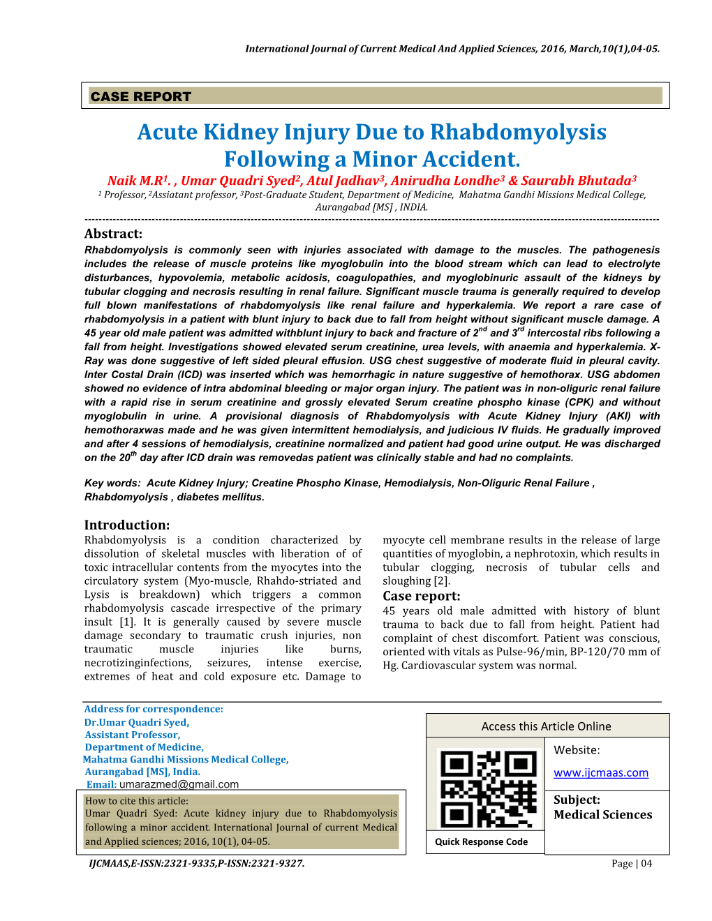 Acute Kidney Injury Due to Rhabdomyolysis Following a Minor Accident