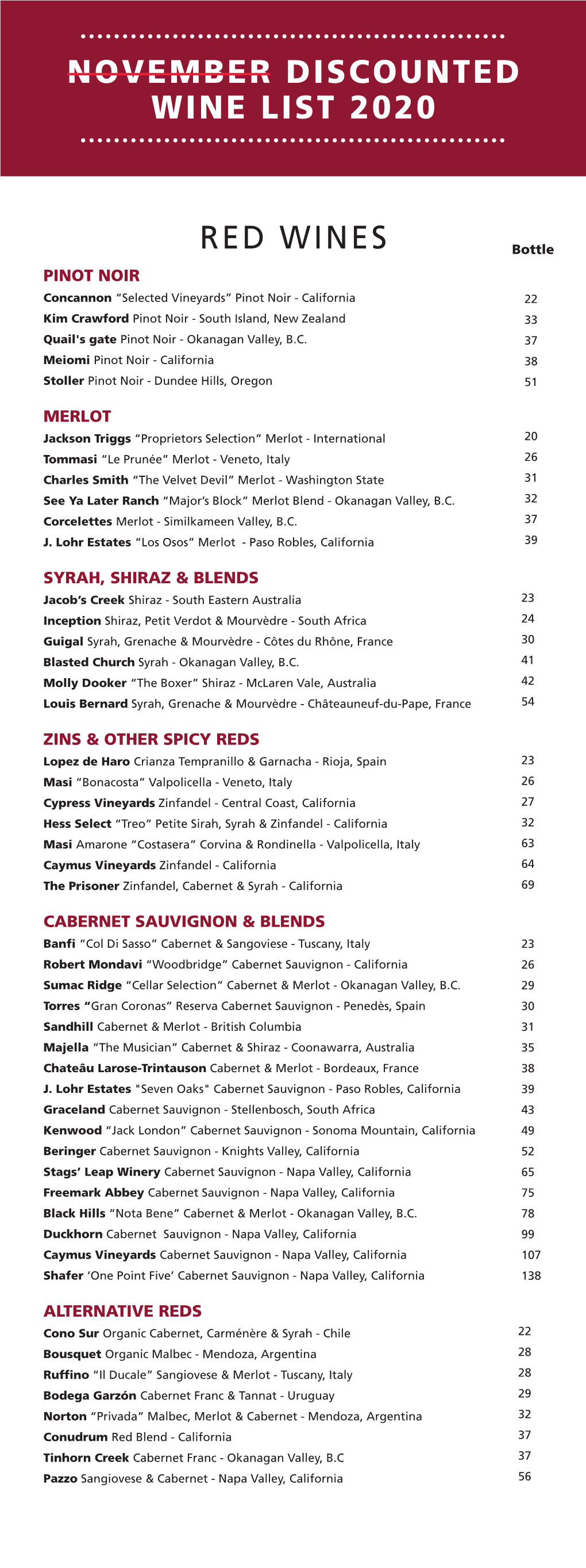 November Discounted Wine List 2020 Red Wines