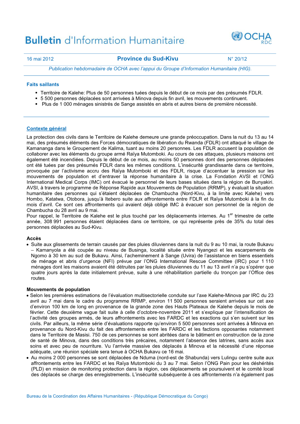 Province Du Sud-Kivu N° 20/12 Publication Hebdomadaire De OCHA Avec L’Appui Du Groupe D’Information Humanitaire (HIG)