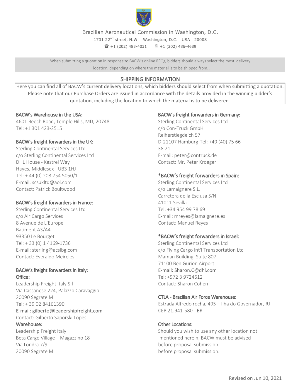 SHIPPING INFORMATION Here You Can Find All of BACW’S Current Delivery Locations, Which Bidders Should Select from When Submitting a Quotation