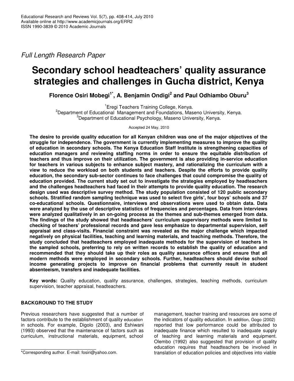 Secondary School Headteachers' Quality Assurance Strategies And