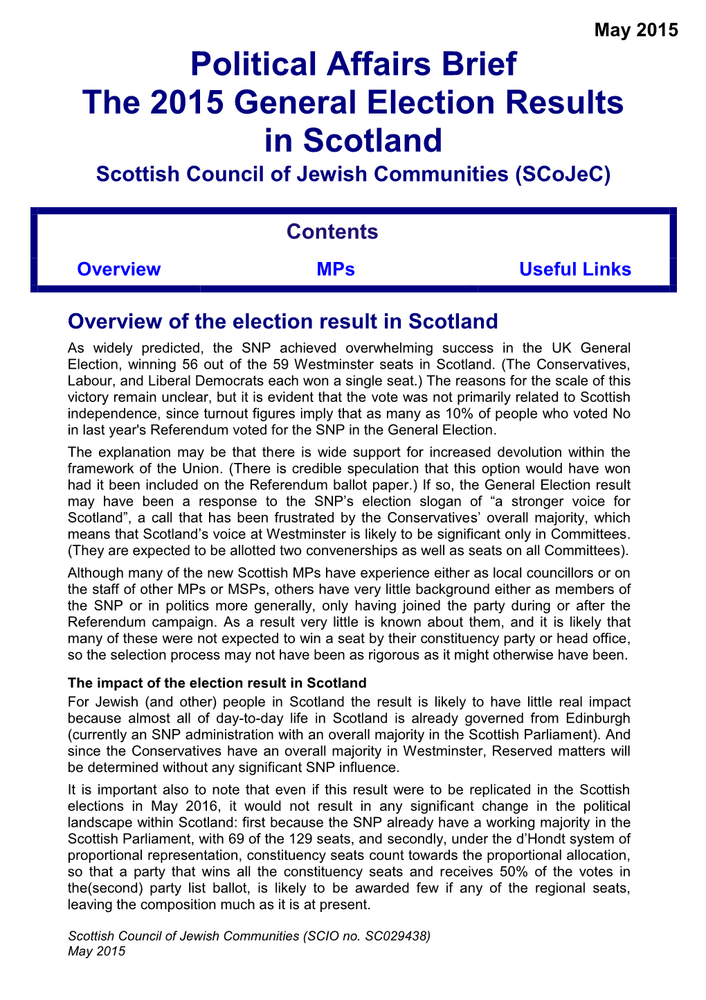 Political Affairs Brief the 2015 General Election Results in Scotland