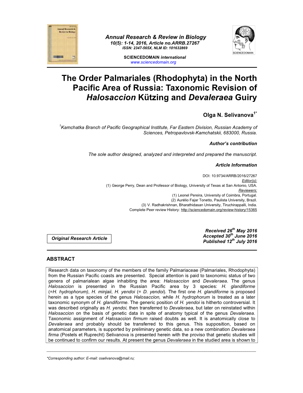 The Order Palmariales (Rhodophyta) in the North Pacific Area of Russia: Taxonomic Revision of Halosaccion Kützing and Devaleraea Guiry