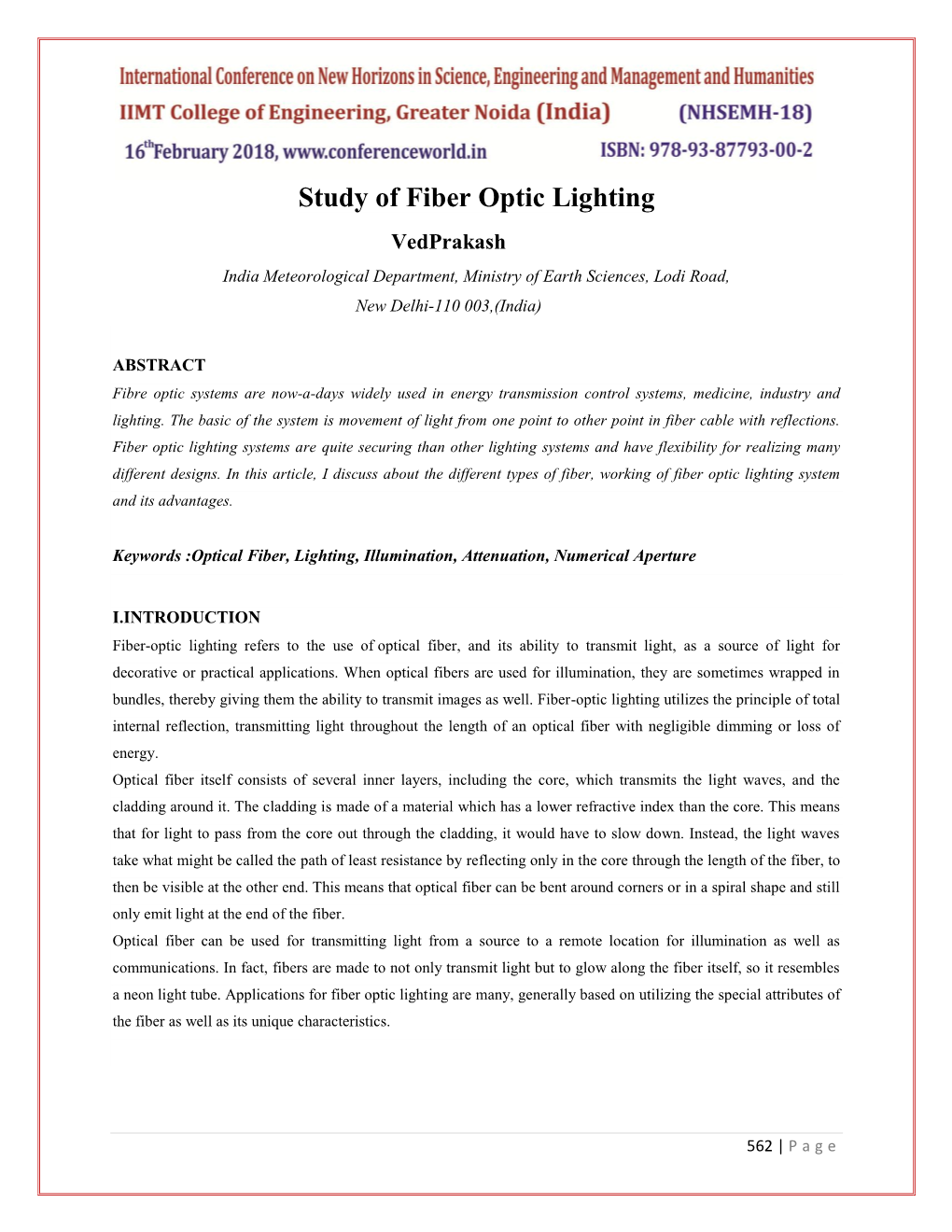 Study of Fiber Optic Lighting Vedprakash India Meteorological Department, Ministry of Earth Sciences, Lodi Road, New Delhi-110 003,(India)