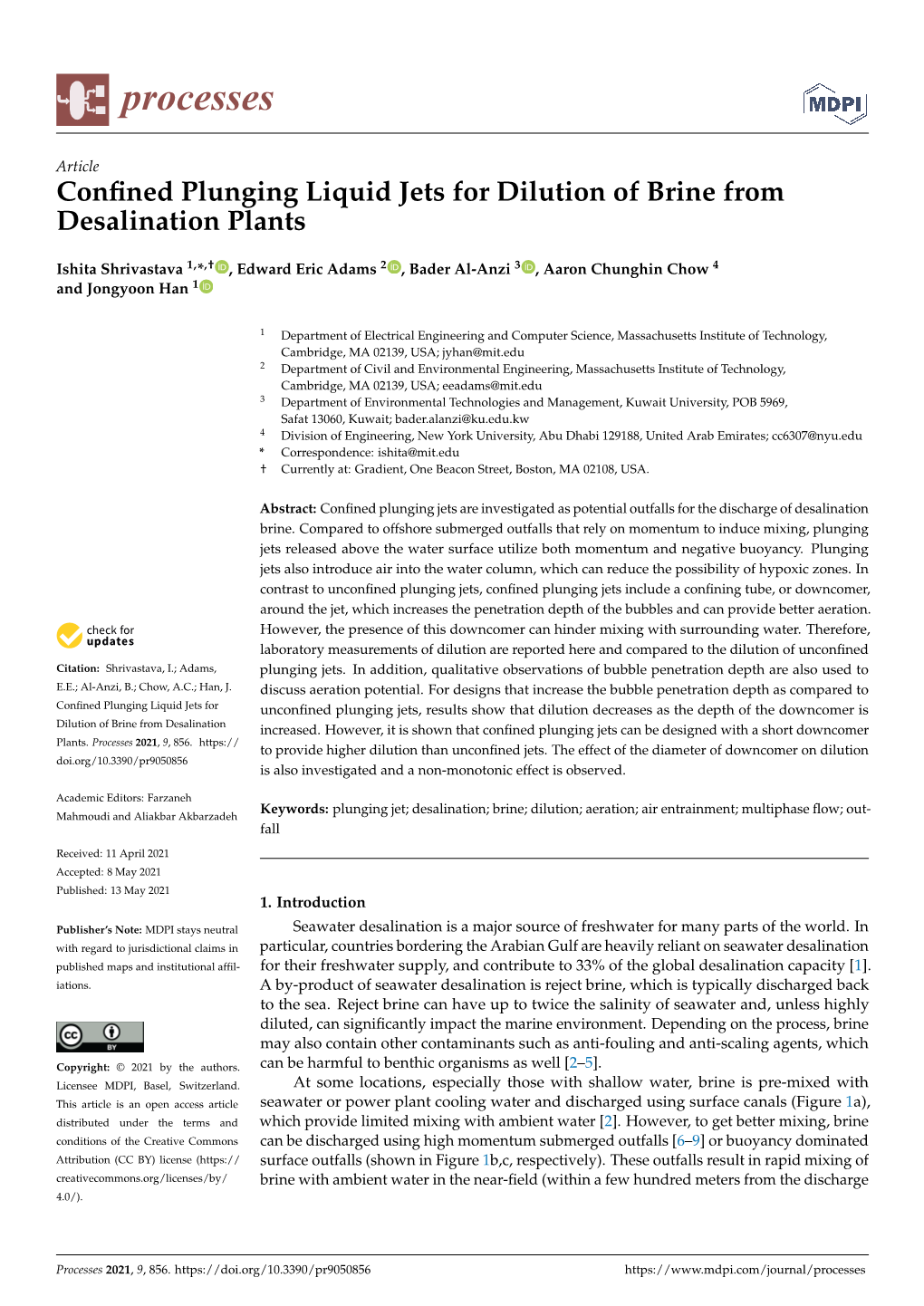 Confined Plunging Liquid Jets for Dilution of Brine from Desalination