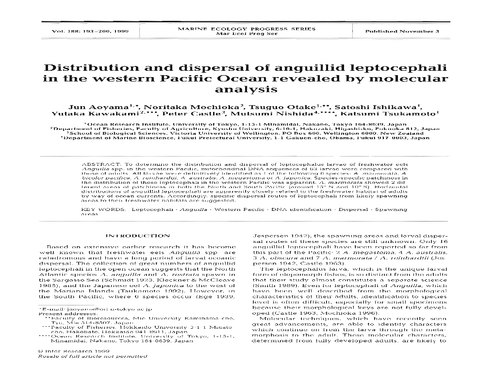 Distribution and Dispersal of Anguillid Leptocephali in the Western Pacific Ocean Revealed by Molecular Analysis