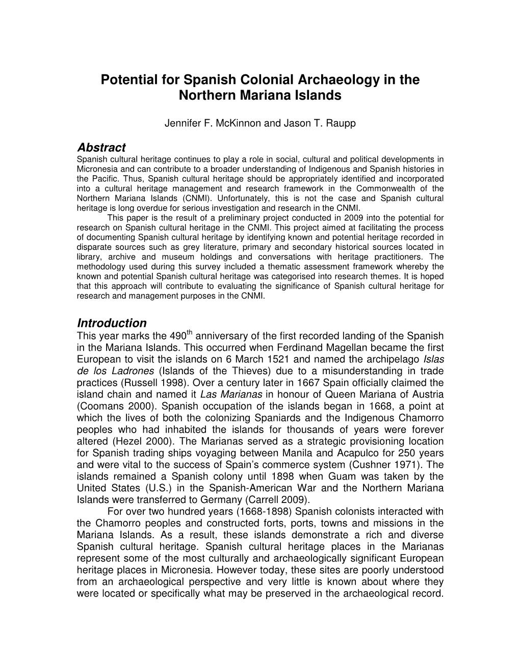 Potential for Spanish Colonial Archaeology in the Northern Mariana Islands