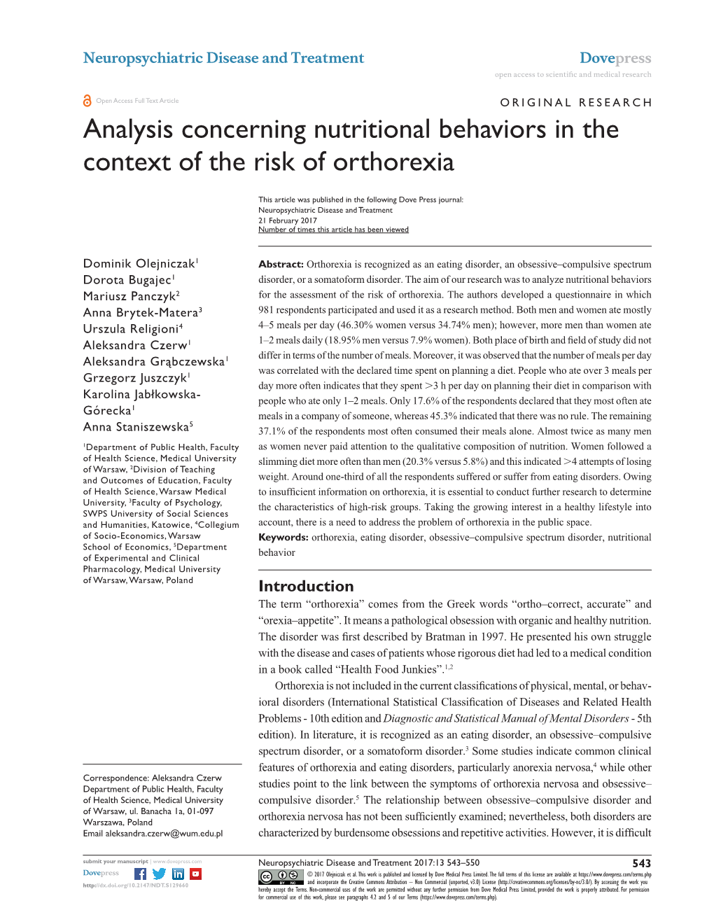 Analysis Concerning Nutritional Behaviors in the Context of the Risk of Orthorexia