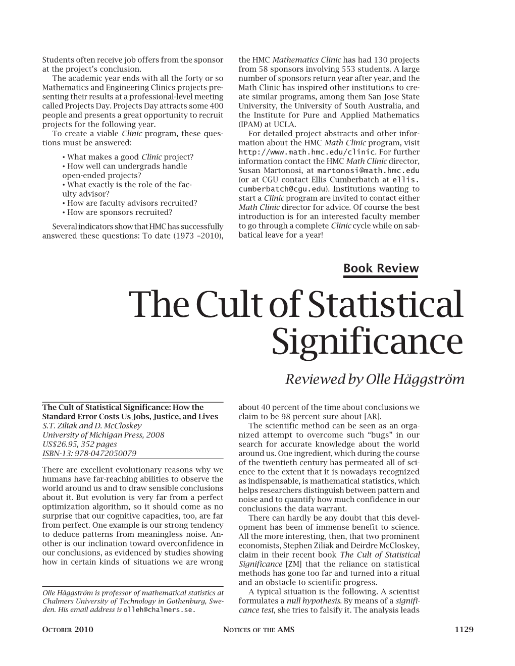 The Cult of Statistical Significance Reviewed by Olle Häggström