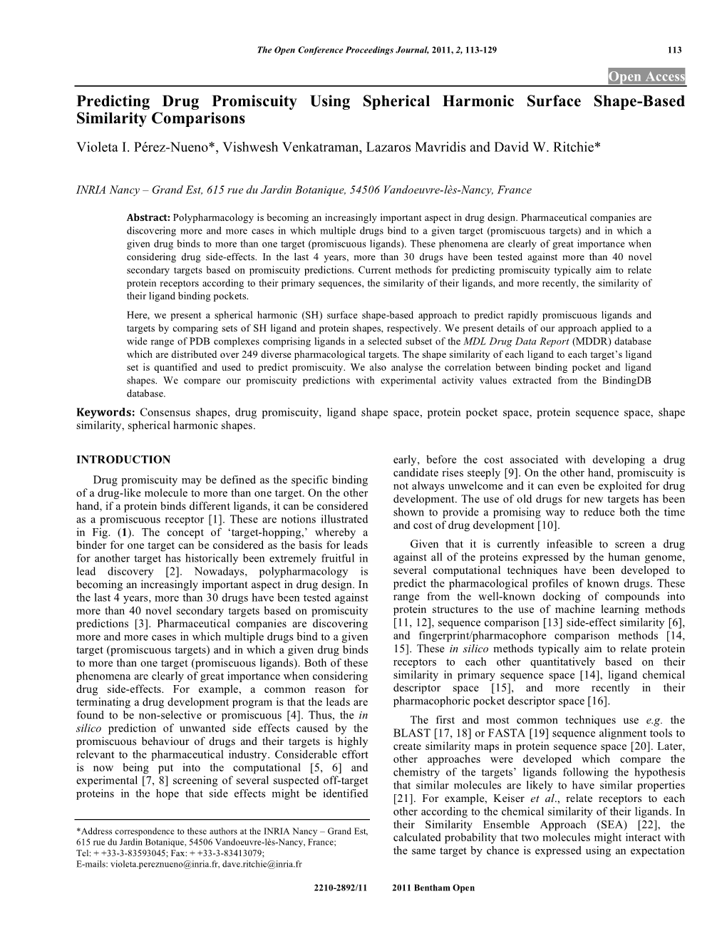 Predicting Drug Promiscuity Using Spherical Harmonic Surface Shape-Based Similarity Comparisons Violeta I