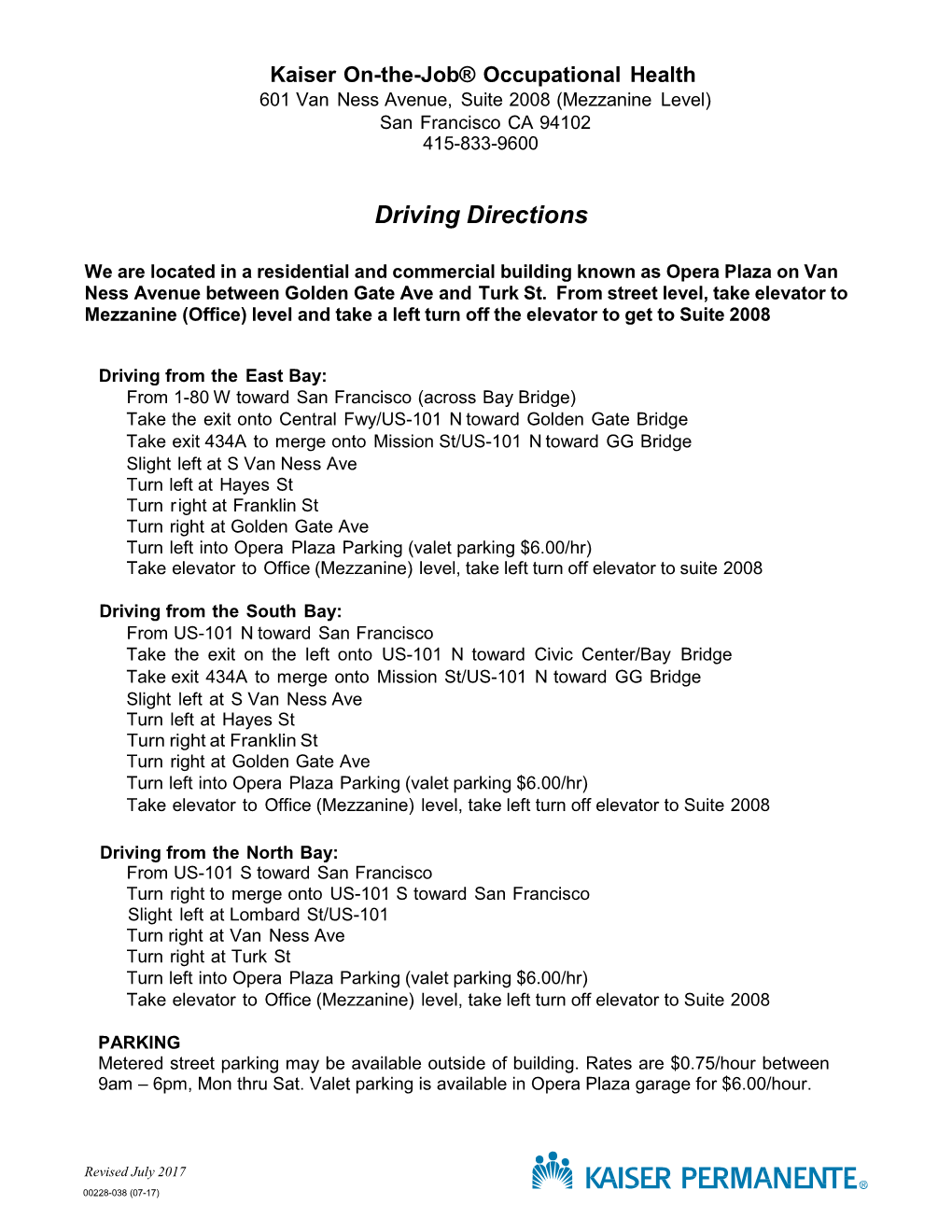 Occupational Health Driving Directions