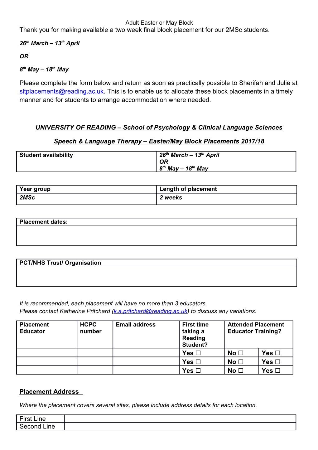 UNIVERSITY of READING School of Psychology & Clinical Language Sciences