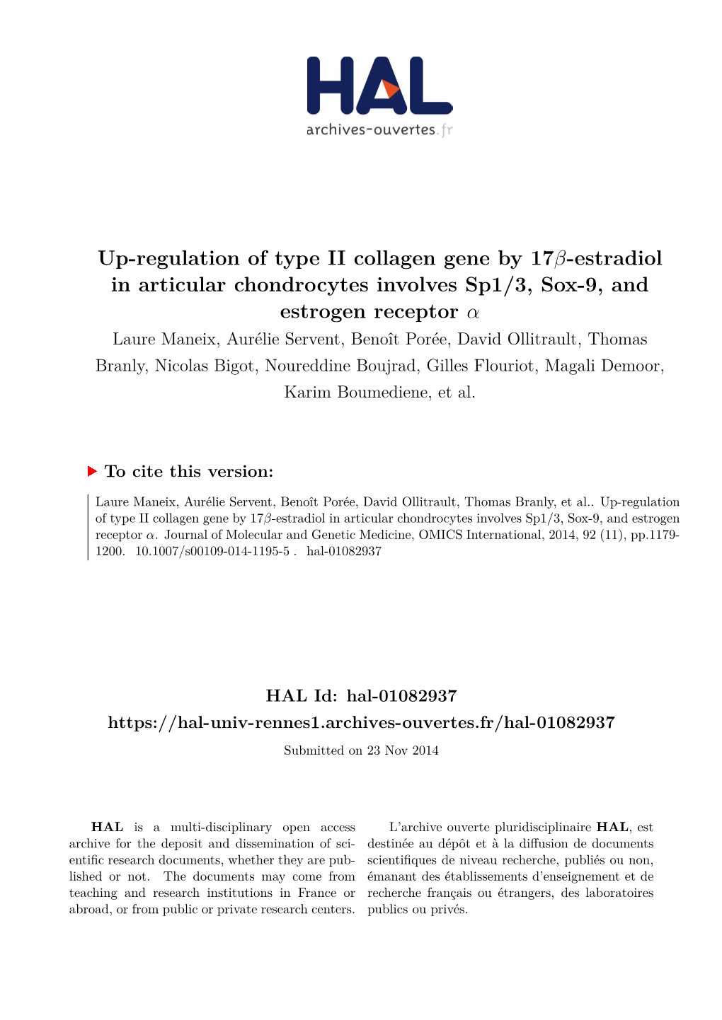 Up-Regulation of Type II Collagen Gene by 17-Estradiol in Articular Chondrocytes Involves Sp1/3, Sox-9, and Estrogen Receptor