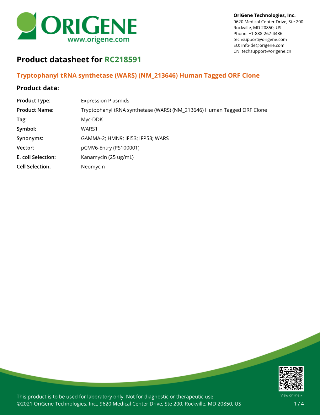 Tryptophanyl Trna Synthetase (WARS) (NM 213646) Human Tagged ORF Clone Product Data