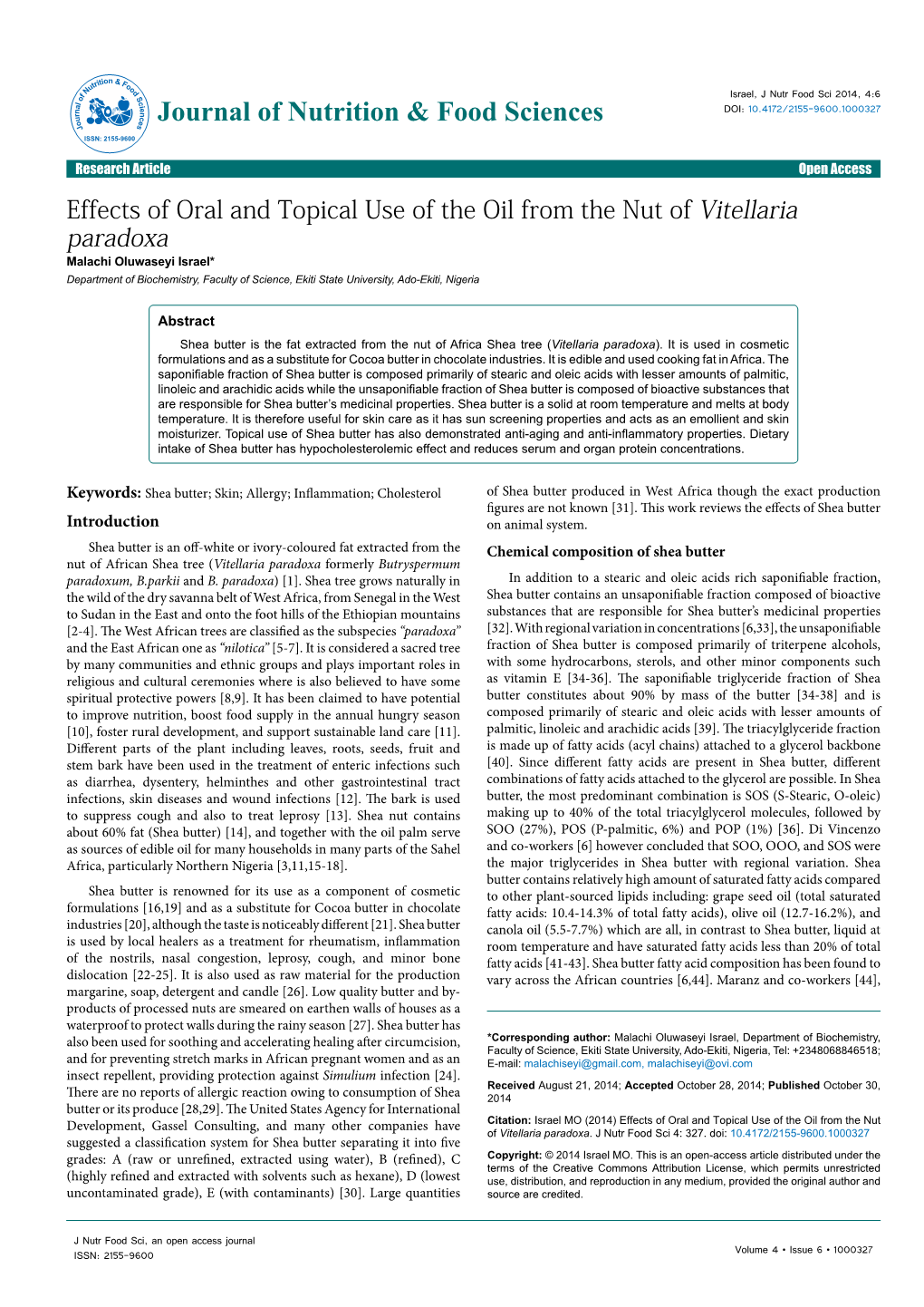 Effects of Oral and Topical Use of the Oil from the Nut of Vitellaria Paradoxa