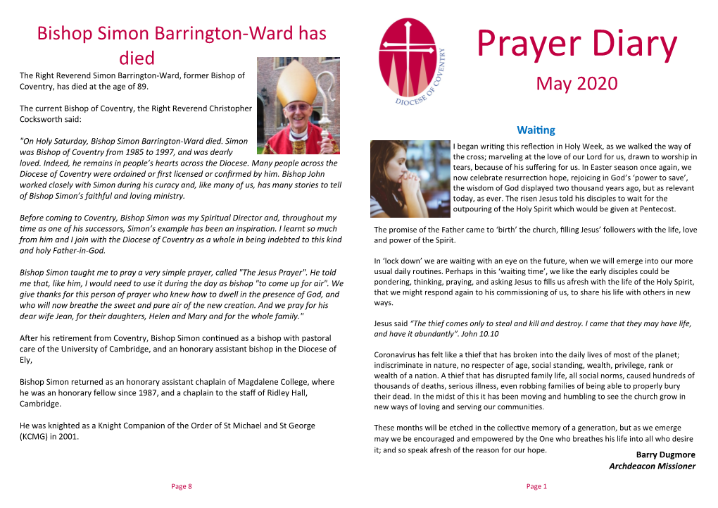 Prayer Diary the Right Reverend Simon Barrington-Ward, Former Bishop of Coventry, Has Died at the Age of 89