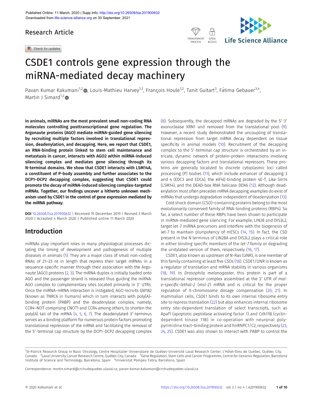 CSDE1 Controls Gene Expression Through the Mirna-Mediated Decay Machinery