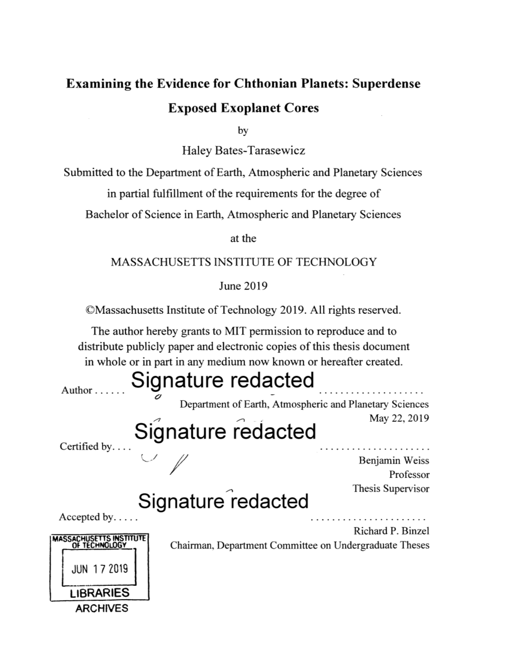 Signature Redacted Department of Earth, Atmospheric and Planetary Sciences May 22, 2019 Signature Redacted Certified By