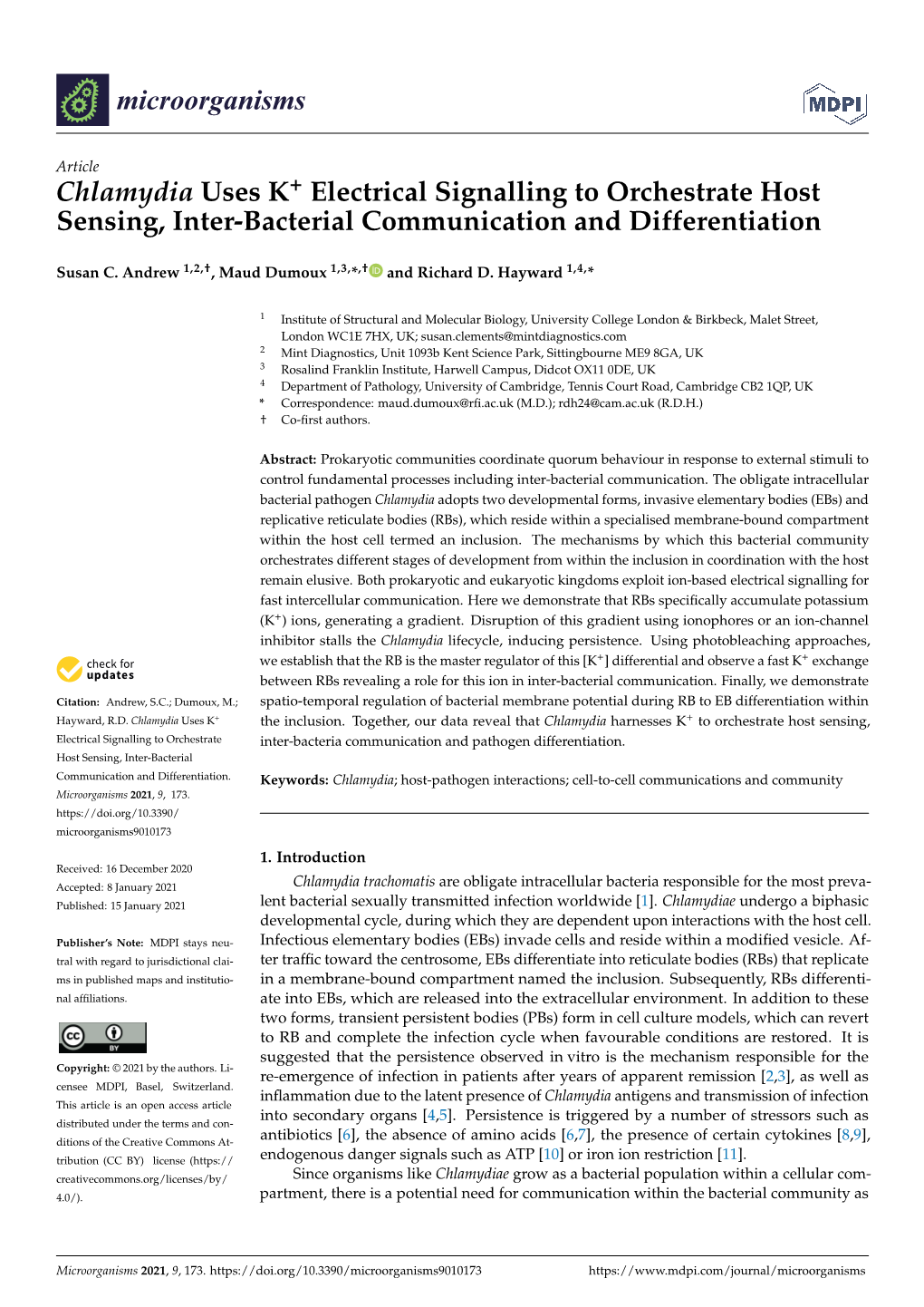 Chlamydia Uses K+ Electrical Signalling to Orchestrate Host Sensing, Inter-Bacterial Communication and Differentiation