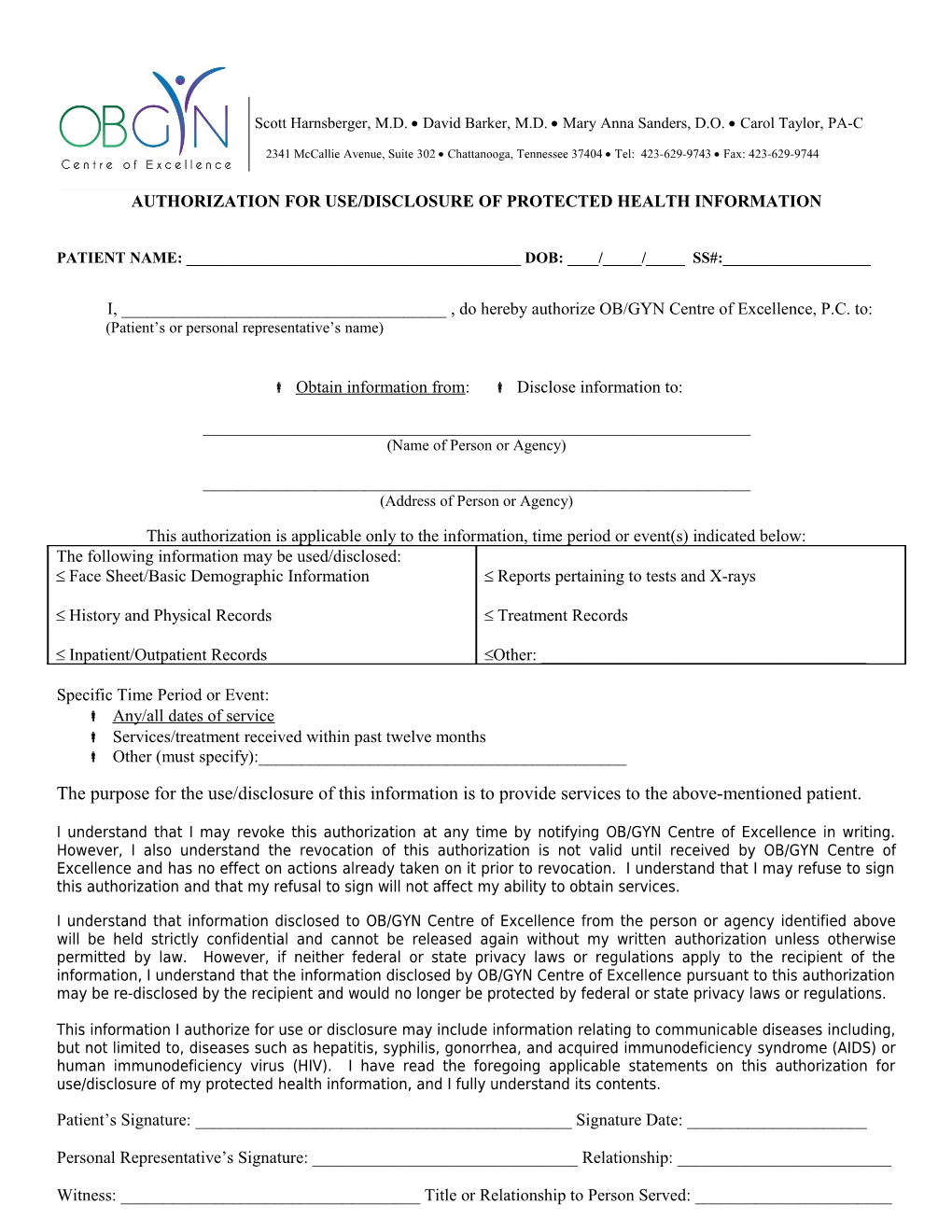 Ccc Authorization for Use/Disclosure of Protected Health Information