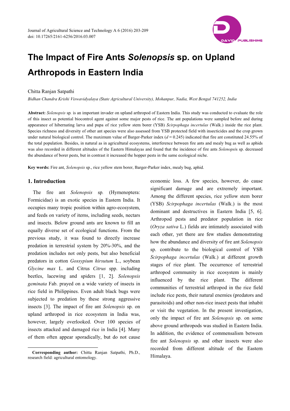 The Impact of Fire Ants Solenopsis Sp. on Upland Arthropods in Eastern India