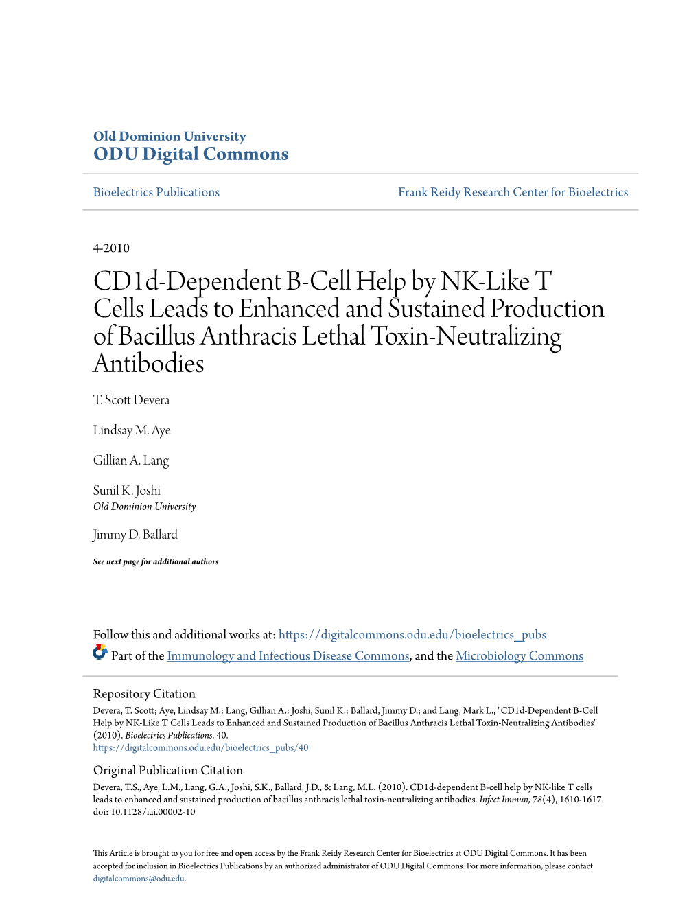Cd1d-Dependent B-Cell Help by NK-Like T Cells Leads to Enhanced and Sustained Production of Bacillus Anthracis Lethal Toxin-Neutralizing Antibodies T