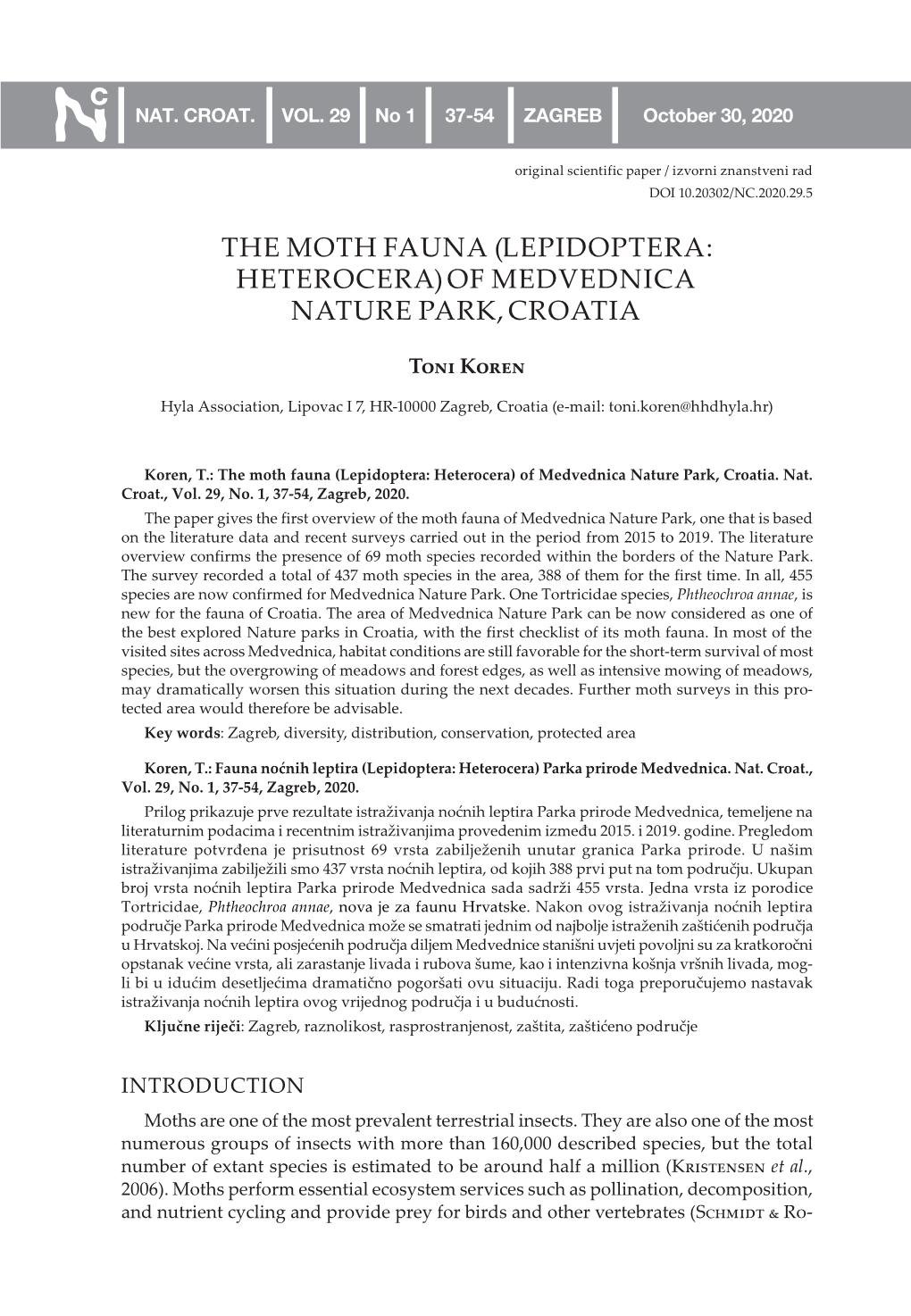 The Moth Fauna (Lepidoptera: Heterocera) of Medvednica Nature Park, Croatia