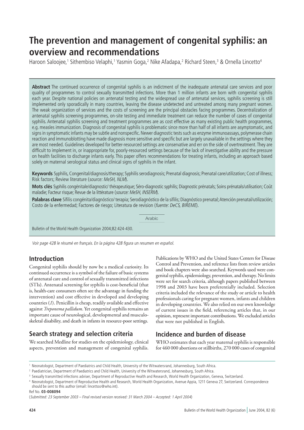 The Prevention and Management of Congenital Syphilis